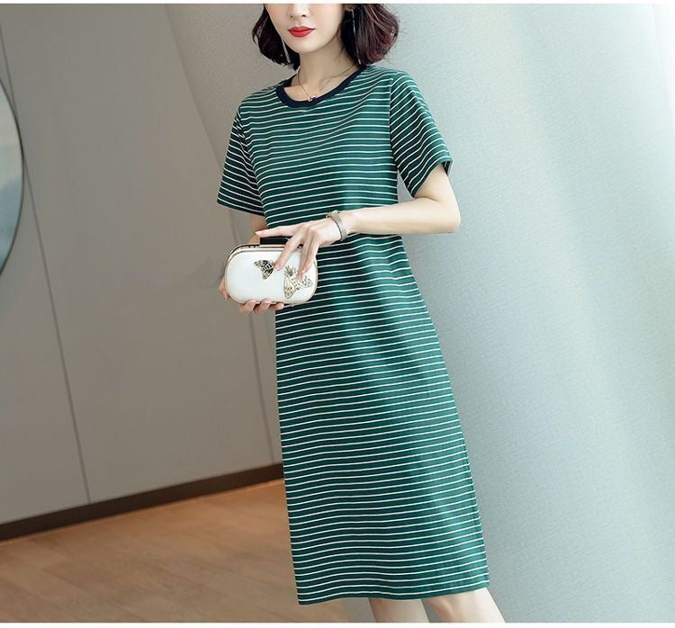 Summer Waist-Cinching Dress Plus Size Middle-Aged and Elderly Mom Outfit Mid-Length Striped Short Sleeve T Women's T-shirt Skirt Cross-Border Wholesale