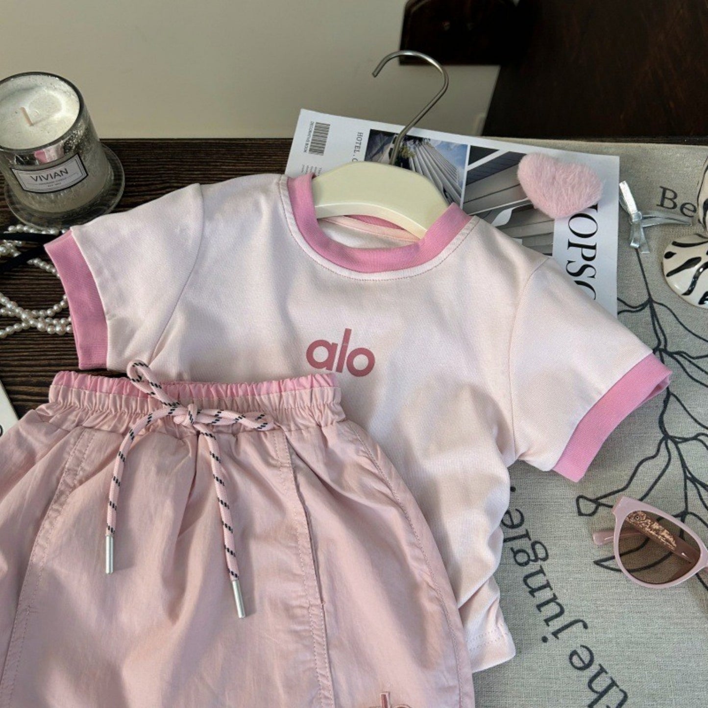 Sweet Little Chef Children's Clothing25New Summer Girls Color Block Letter Short Sleeves T Trendy Pink Skirt Pants Two-Piece Set for Children