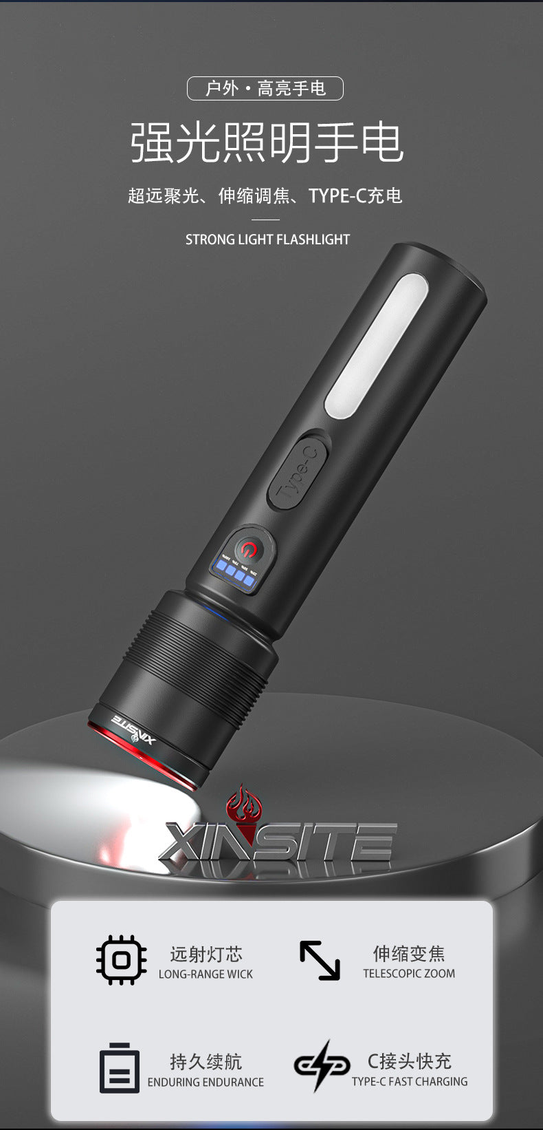 Cross-border Hot-Selling White Laser High-Intensity Side Light COB Zoom Long-Range Multi-Function Flashlight