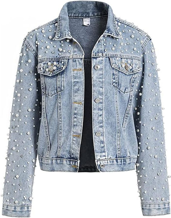 Cross-Border Amazon ebay European and American Style Pearl Denim Jacket Short Rhinestone Denim Jacket Coat Top