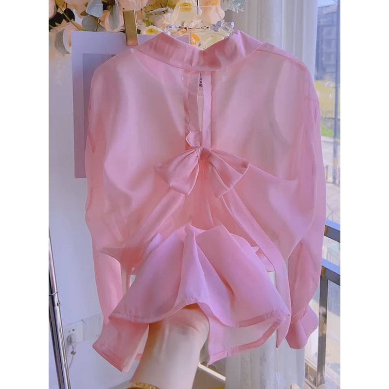 2025Summer Gentle Sweet Back Bow Pearl Sunscreen Blouse for Women Thin Sheer Chiffon Shirt Top