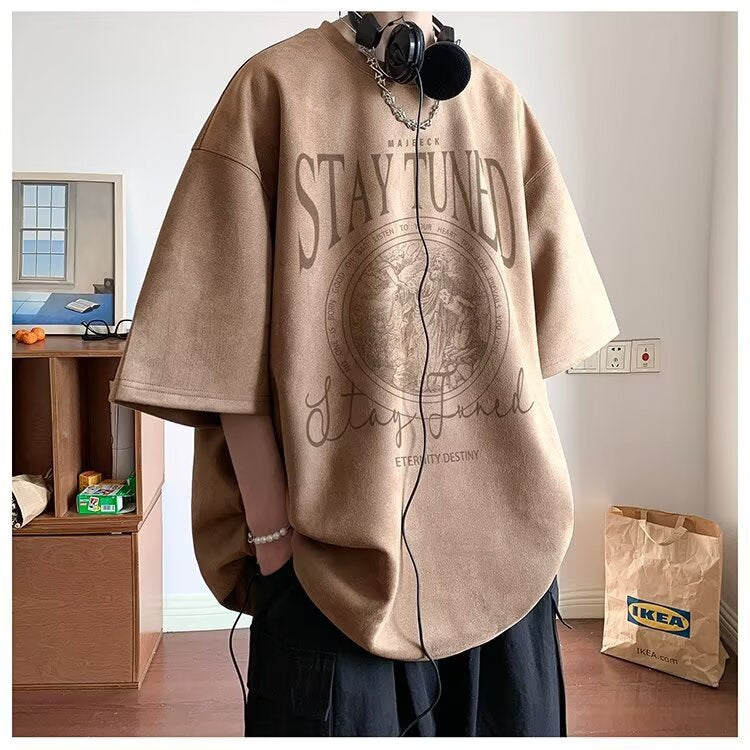 2025New Faux Suede Short Sleeve Men's Summer New American Style Heavyweight Trendy Loose Half Sleeve T Trendy Five-Sleeve Shirt