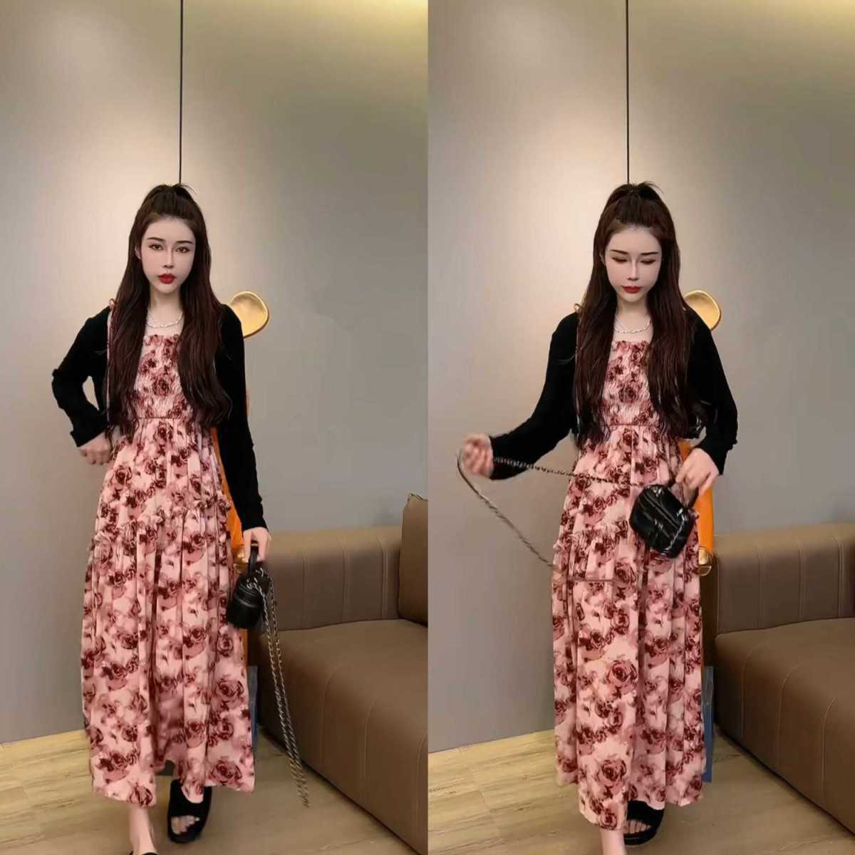 French Hepburn Style Plus Size Strap Dress Women's Summer Design Sense Elegant Waist-Cinching Black Floral Mid-Length Dress