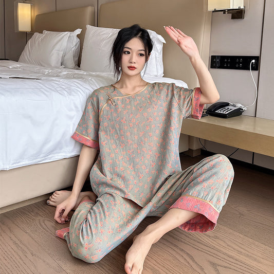 New Chinese Style Retro National Style Cotton Gauze Pajamas Plus Size for Women mm Summer Thin Loose Fit200Pure Cotton Homewear