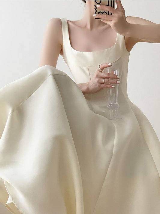 French Style Light Wedding Dress Solid Color Satin Simple Petite Host Adult Ceremony Party Banquet Evening Dress Suitable for Daily Wear