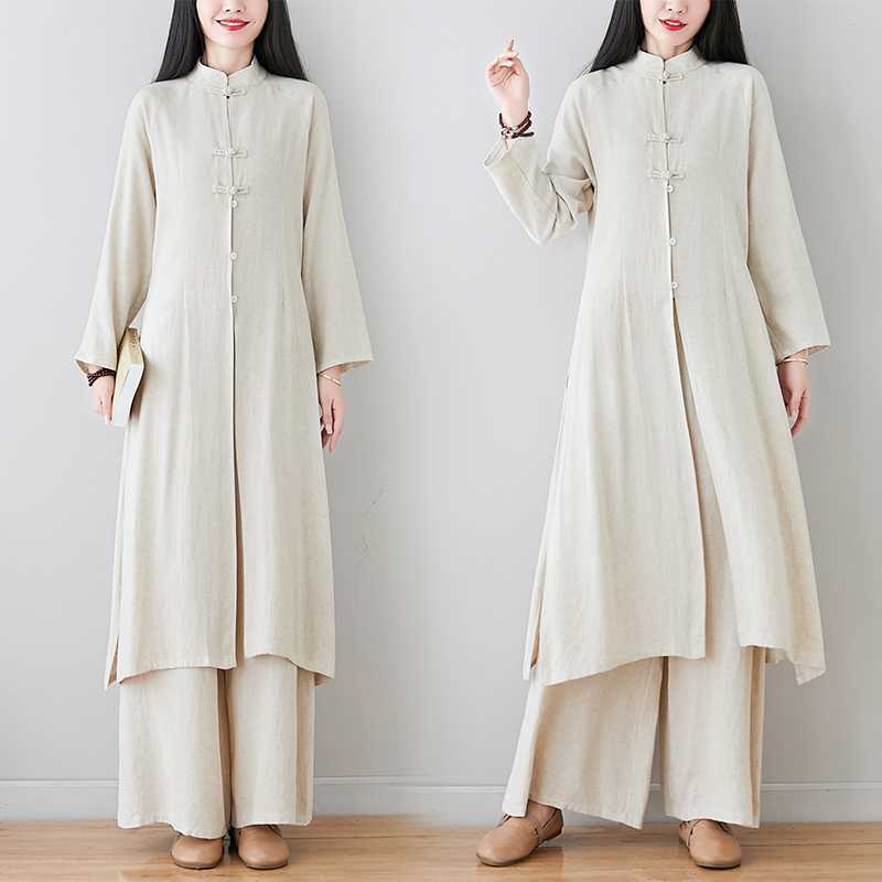 Real Shot 2024Linen Tea Clothing Spring and Autumn Zen Style Layperson Clothing Hanfu Chinese Style Tang Suit Set