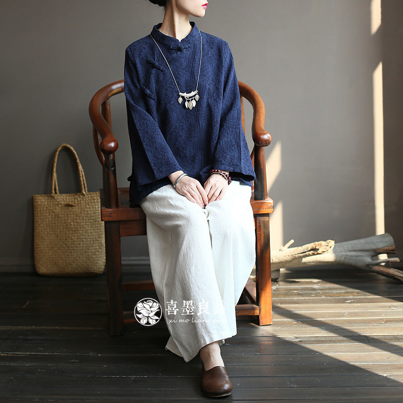 8813Xi Mo Women's Clothing Republic of China Retro Artistic Spring and Autumn New Double Layer Jacquard Button Shirt Chinese Style Short Top
