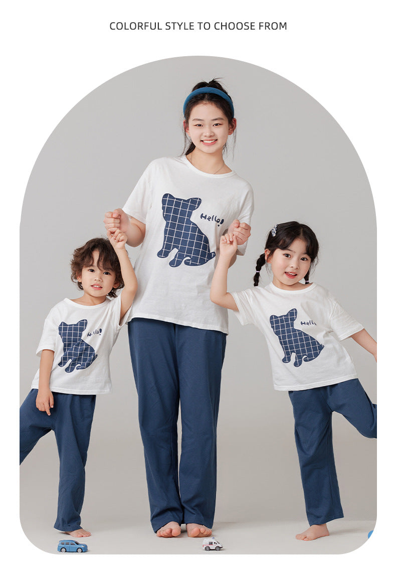 Parent-Child Cotton Homewear Summer Style Children's Short Sleeve Long Pants Set Cartoon Air Conditioning Clothing Sweat-Absorbing Printed Pajamas Couple Outfit