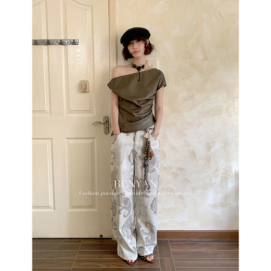 Original text Thirteen Lines Autumn Loose Retro Print Versatile Casual Jeans for Women【Includes Waist Belt】82285