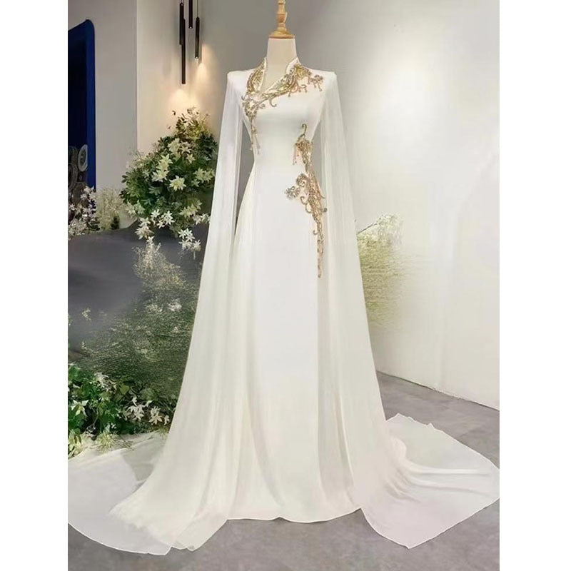 White evening dress with a high-end feel2025New Model Music Student Art Exam Vocal Performance Female Singer Folk Song Solo Performance Elegant
