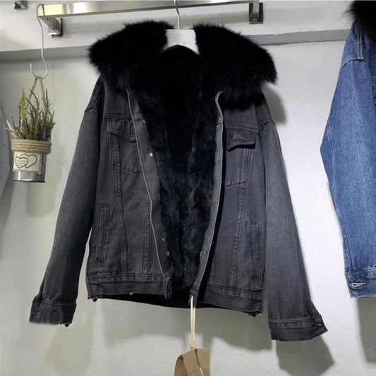 In-stock Short Cotton Jacket2025Winter Fleece-Lined New Cotton Jacket Loose Korean Style Denim Fur Collar Thickened Coat for Women