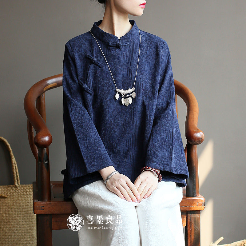 8813Xi Mo Women's Clothing Republic of China Retro Artistic Spring and Autumn New Double Layer Jacquard Button Shirt Chinese Style Short Top