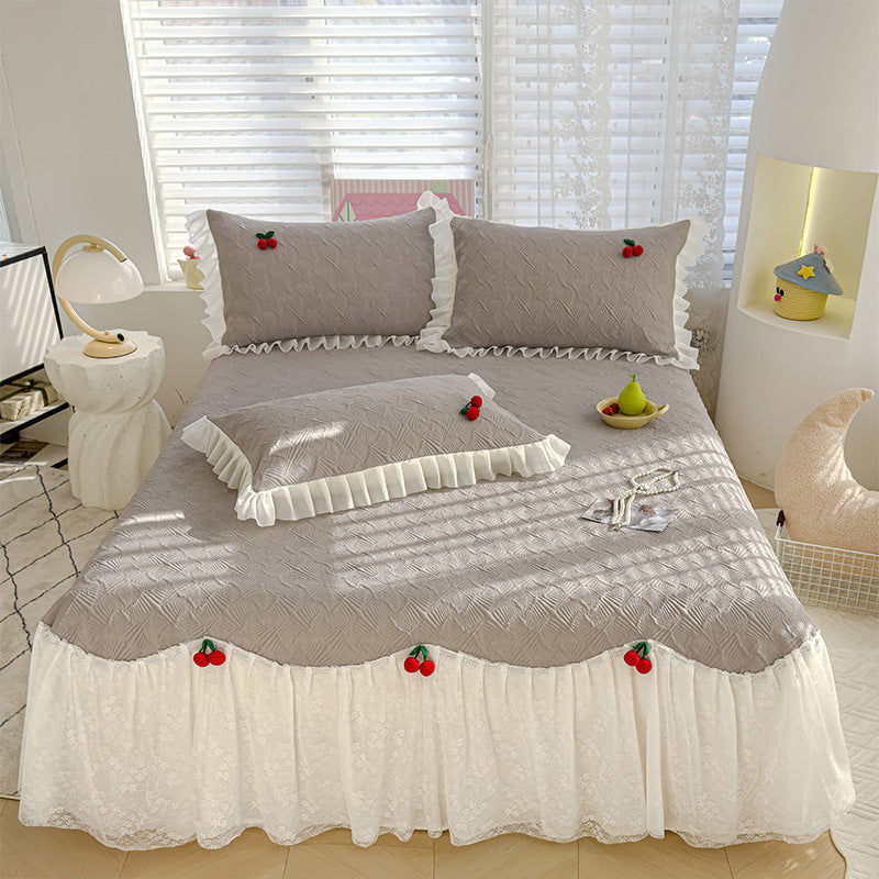 Summer Ice Silk Cooling Mat Lace Edge Cool Soft Mat Three-Piece Set Ethylene Fiber Ice Bean Mat Bed Skirt Style Bedding