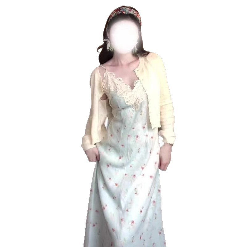 Fat mm Gentle Style Floral Strap Dress Plus Size Set for Women Spring Summer Long Sleeve Cardigan Lace Patchwork Waist-Cinching Long Dress