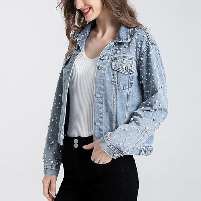 Cross-Border Amazon ebay European and American Style Pearl Denim Jacket Short Rhinestone Denim Jacket Coat Top
