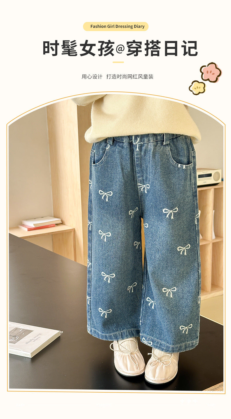 Girls' Pants Bowknot Print Jeans Wide Leg Straight2025Autumn New Fashionable and Stylish for Girls and Young Children