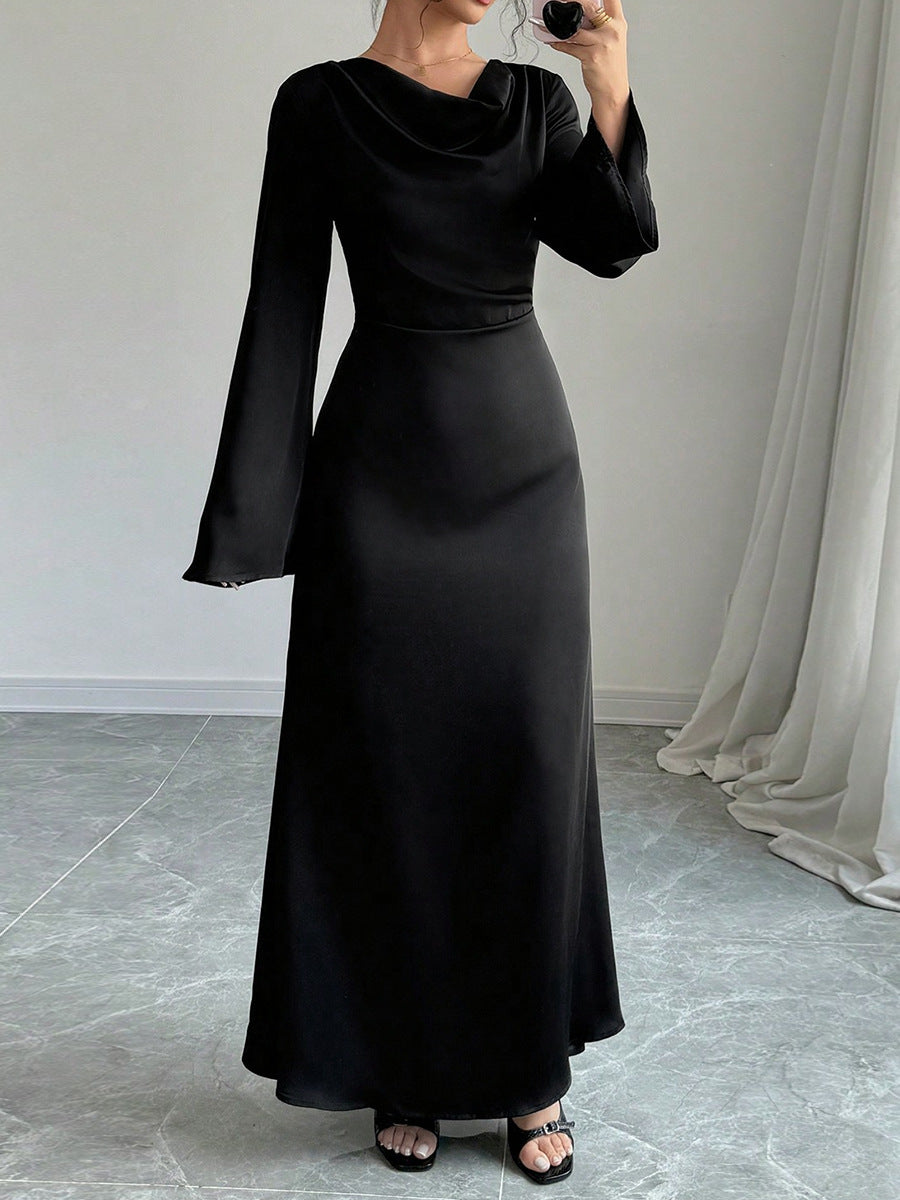 Pear-shaped Body Wear Women's Long-sleeved Loose Belted Waist Black Long Dress High-end Sense of Temperament Style Dress for Women