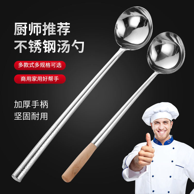 Stainless Steel Stir-Fry Spoon Chef's Stirring Spoon Long Handle Soup Spoon Serving Spoon Stir-Fry Spoon Kitchen Spatula Wooden Handle Pot Spatula Spoon