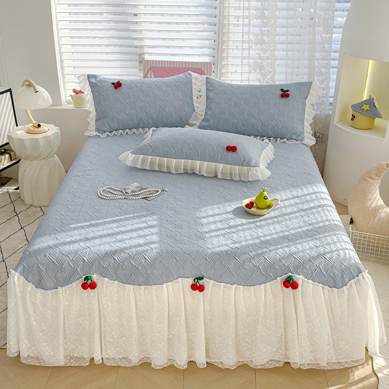 Summer Ice Silk Cooling Mat Lace Edge Cool Soft Mat Three-Piece Set Ethylene Fiber Ice Bean Mat Bed Skirt Style Bedding