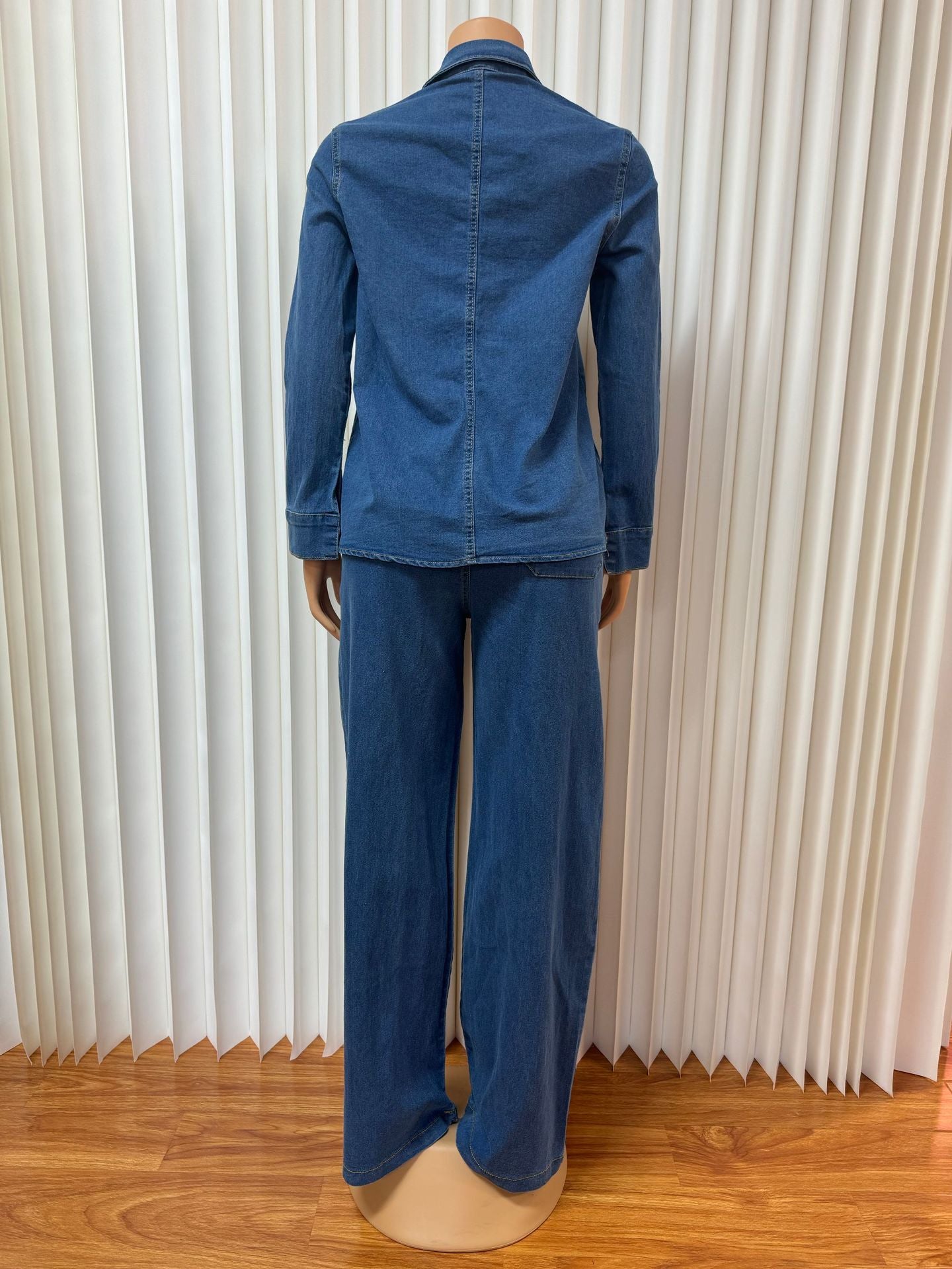 Cross-Border European and American New Women's Denim Suit Long Sleeve Lapel Pocket Top Lace-up Straight-leg Pants Two-piece Set