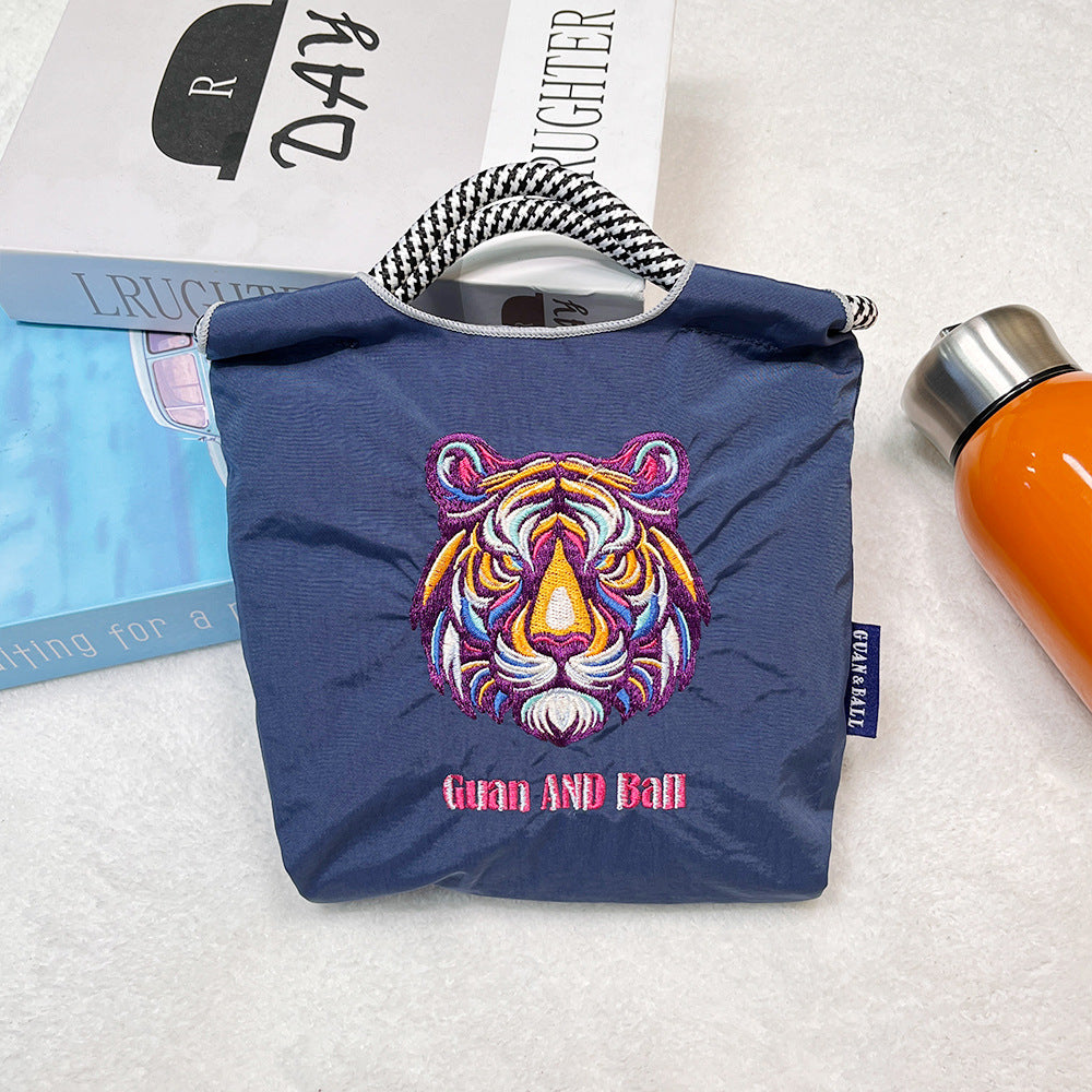 Japanese Style BallChain Same Style Eco-Friendly Embroidered Shopping Bag Nylon Fabric Floral Handheld Niche Fashion Shopping Bag
