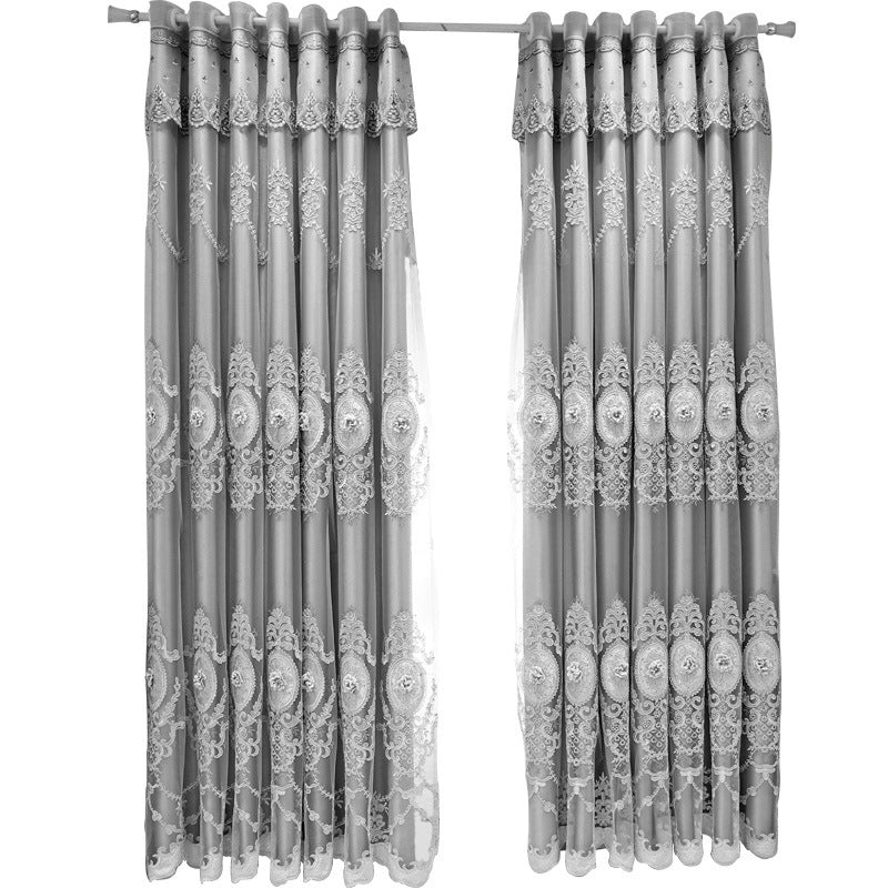 European Style High-End Simple Modern Fabric Sheer Integrated Blackout Double Layer Embossed Embroidered Curtains for Living Room Bedroom Balcony