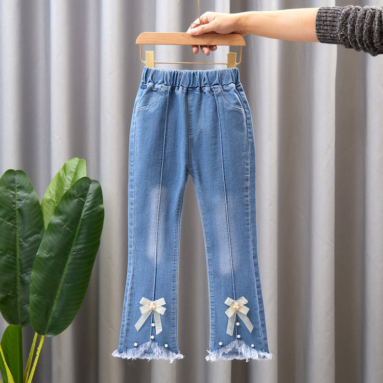 Children's Clothing Wholesale Girls' Jeans Spring and Autumn New Style Medium and Large Children's Slim Pants Baby Casual Girls' Flared Long Pants