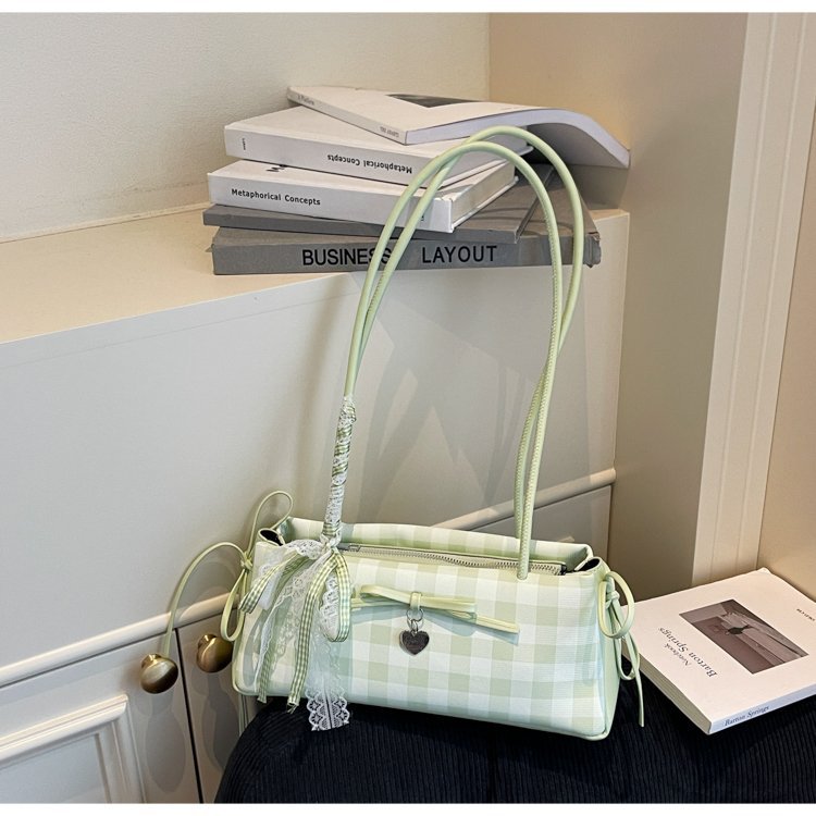 Dopamine Plaid Handbag Small Tote Bag for Women Summer2025New Ballet Style Bow Baguette Bag Underarm Bag Trendy