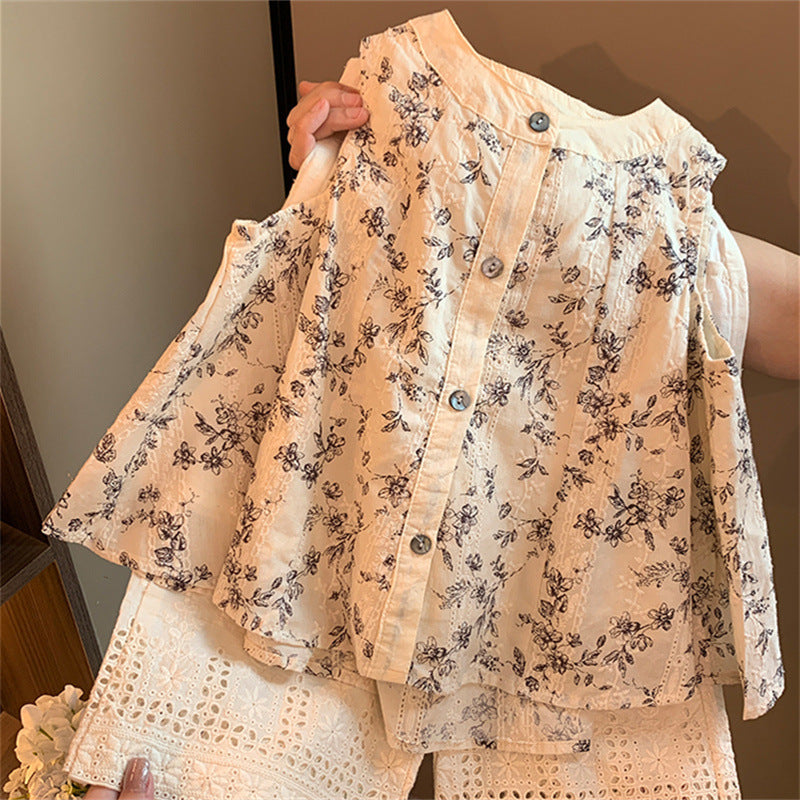 Girls retro Cotton and Linen Vest Set Summer Clothes2025New Korean Style Children's Sleeveless Doll Shirt Wide Leg Pants for Kids