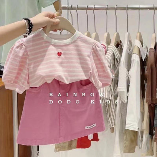 Girls' Stylish New Outfit Set2024Summer children's clothing heart stripe short-sleeve top set for little girls two-piece set