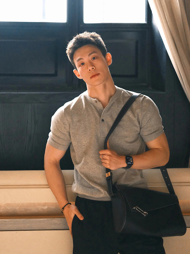 Summer Men's Waffle Henley Collar Short Sleeve T Men's American Style Solid Color Versatile Slim Fit Comfortable Casual Short Sleeve Shirt T T-shirt
