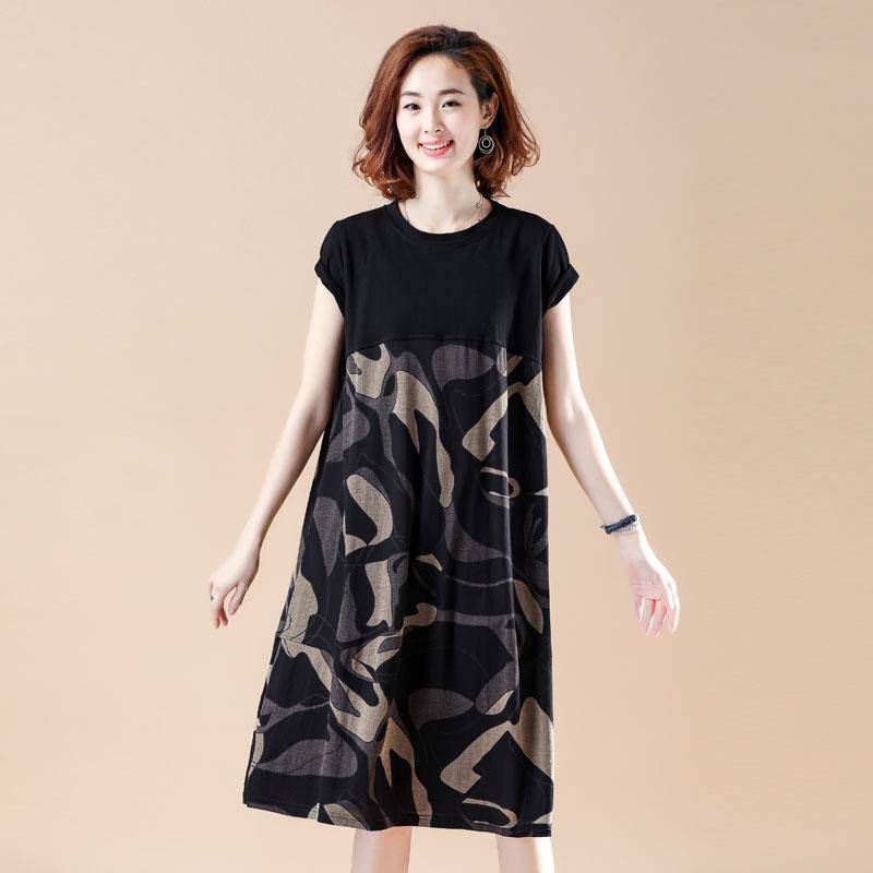 Plus Size Women's Loose Fit Clothing MM Mid-length printed camouflage patchwork short-sleeve dress for women2021Summer Clothing