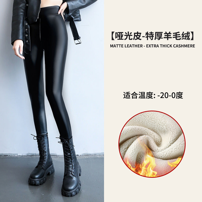 PU Women's Leather Pants Autumn Winter Long Pants Base Pants Fleece Lined Thickened High Waist Slimming Windproof Waterproof Outdoor Wear Wholesale