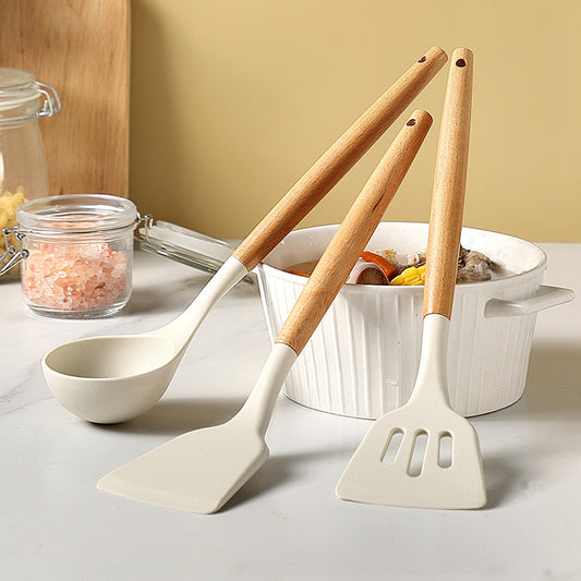 Wooden Handle Non-Stick Pan Silicone Kitchen Utensils Soup Spoon Spatula One Piece