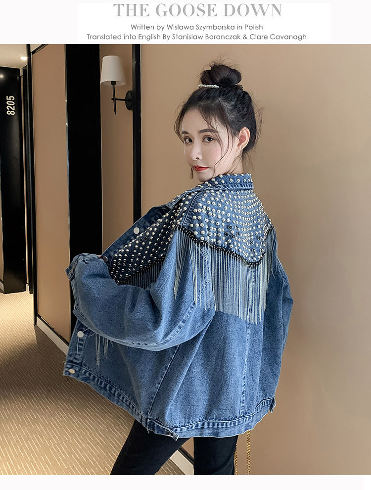 European and American New Style Tassel Heavy Embellished Rhinestone Rivet Long Sleeve Korean Version Loose Slimming Fashion Beaded Denim Jacket for Women