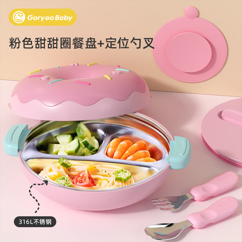 goryeobaby Children's Stainless Steel Plate Baby Suction Bowl Water-Insulated Bowl Baby Divided Plate Baby Food Utensils