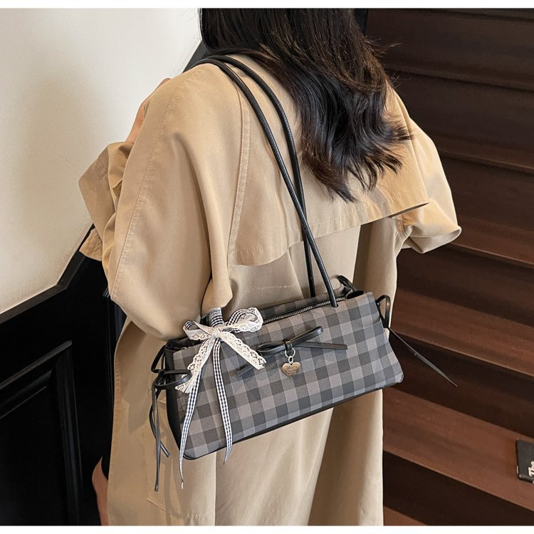 Dopamine Plaid Handbag Small Tote Bag for Women Summer2025New Ballet Style Bow Baguette Bag Underarm Bag Trendy