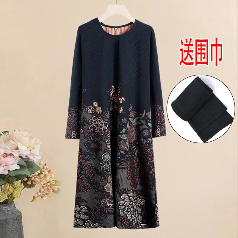 High-End Boutique New Autumn Winter Fashion Elegant Middle-Aged Women's Long Dress Slimming Dress with Scarf