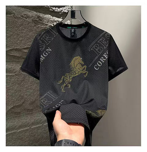 Foreign Trade Ice Silk Short Sleeve t Men's Summer Trendy Brand Short Sleeve T-Shirt2025New casual quick-dry men's top