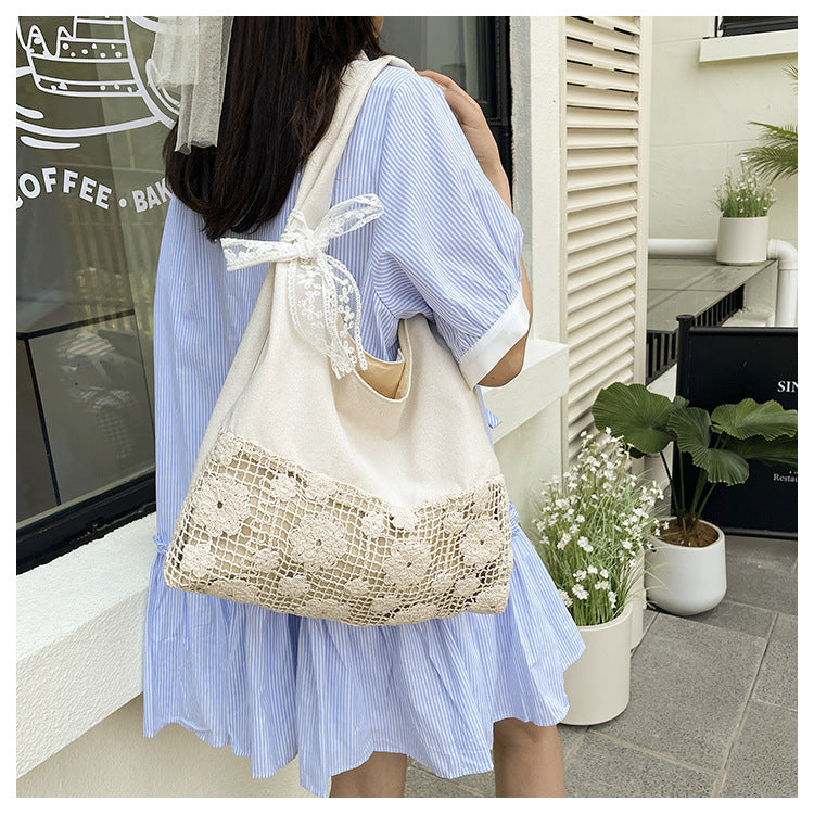 Design Summer Vacation Style Large Capacity Beach Bag Niche Lace Canvas Underarm Bag Women's Floral Single Shoulder Tote Bag