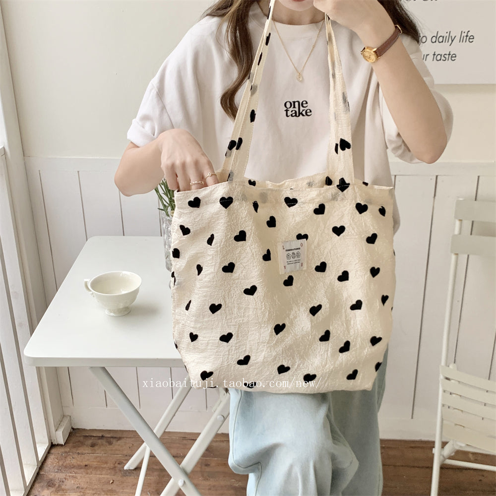 Little White Rabbit Desk New Textured Heart Canvas Single Shoulder Vest Bag Large Capacity Handbag for Women Underarm Small Win Shuo