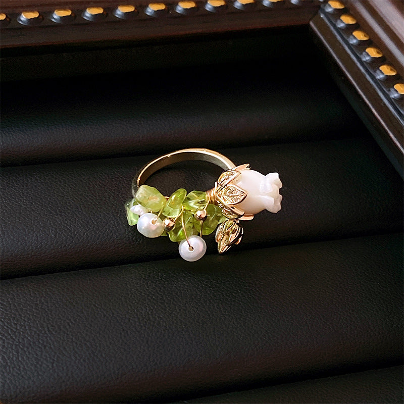Real Gold Plated Baroque Pearl Tulip Flower Open Ring Korean Fresh Sweet Forest Style Light Luxury Jewelry