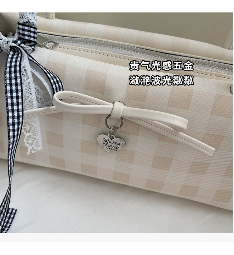 Dopamine Plaid Handbag Small Tote Bag for Women Summer2025New Ballet Style Bow Baguette Bag Underarm Bag Trendy