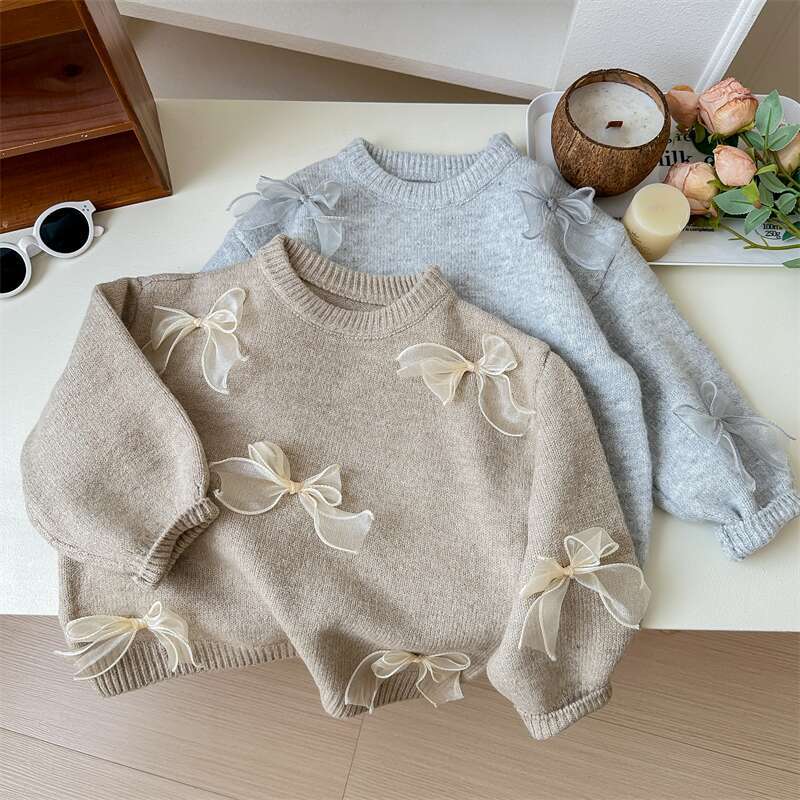 Sweet Little Sister Korean Children's Sweater Spring and Autumn New Fashionable Girls' Korean Style Fashionable Children's Bow Knitted Sweater
