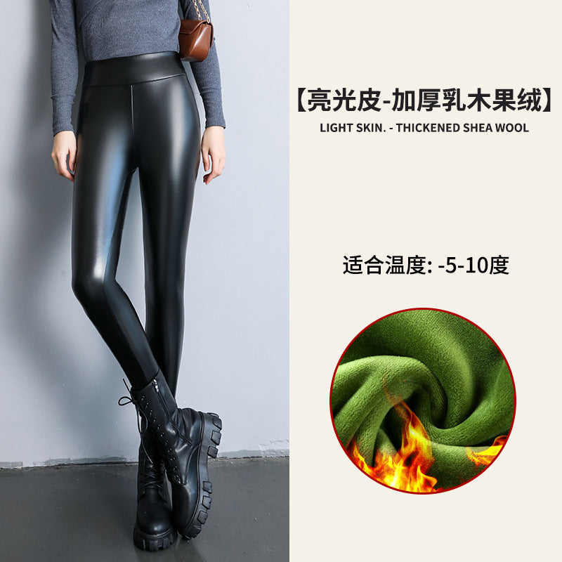 PU Women's Leather Pants Autumn Winter Long Pants Base Pants Fleece Lined Thickened High Waist Slimming Windproof Waterproof Outdoor Wear Wholesale