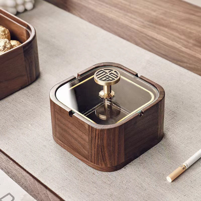 Walnut Ashtray for Home Living Room with Lid, Anti-Fly Ash, Stainless Steel Inner Liner, Creative Office Quality Ashtray