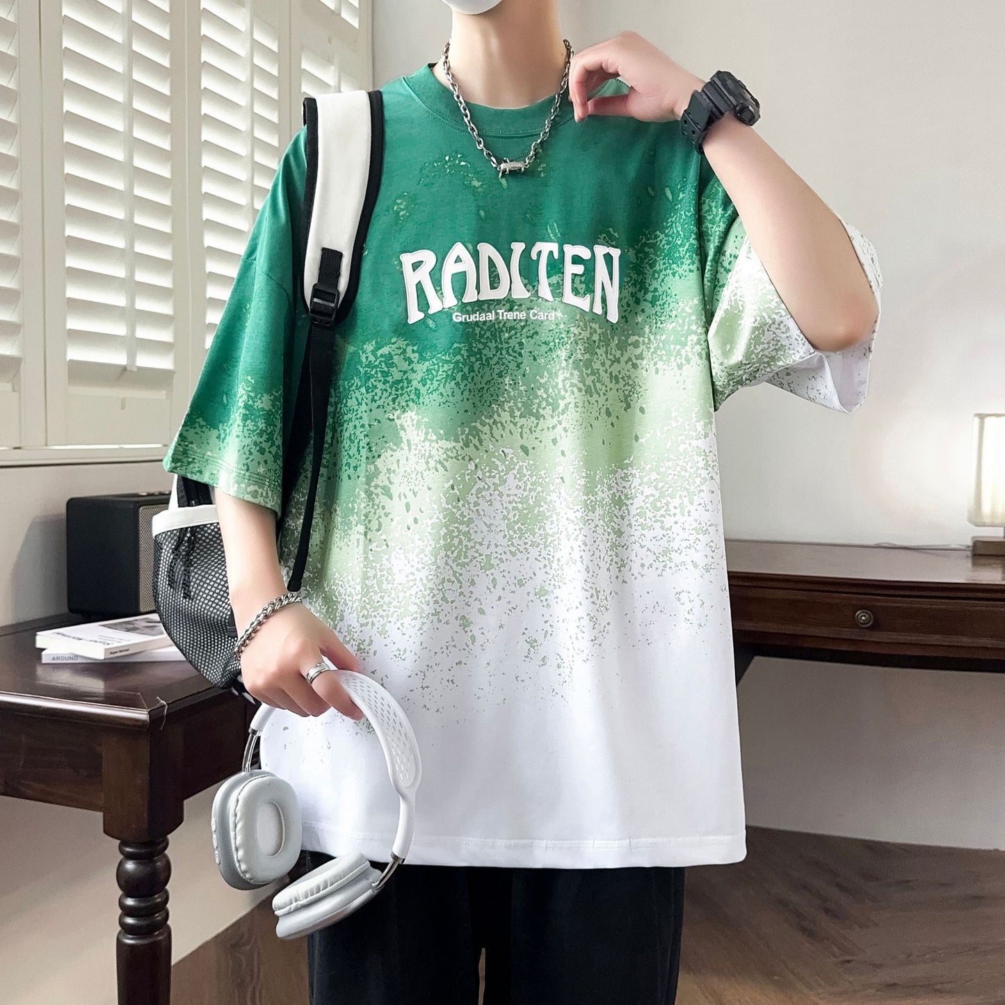 2025Summer New Men's Youth Casual Stylish Trendy Loose Short Sleeve T Shirt Gradient Color for Middle and High School Students