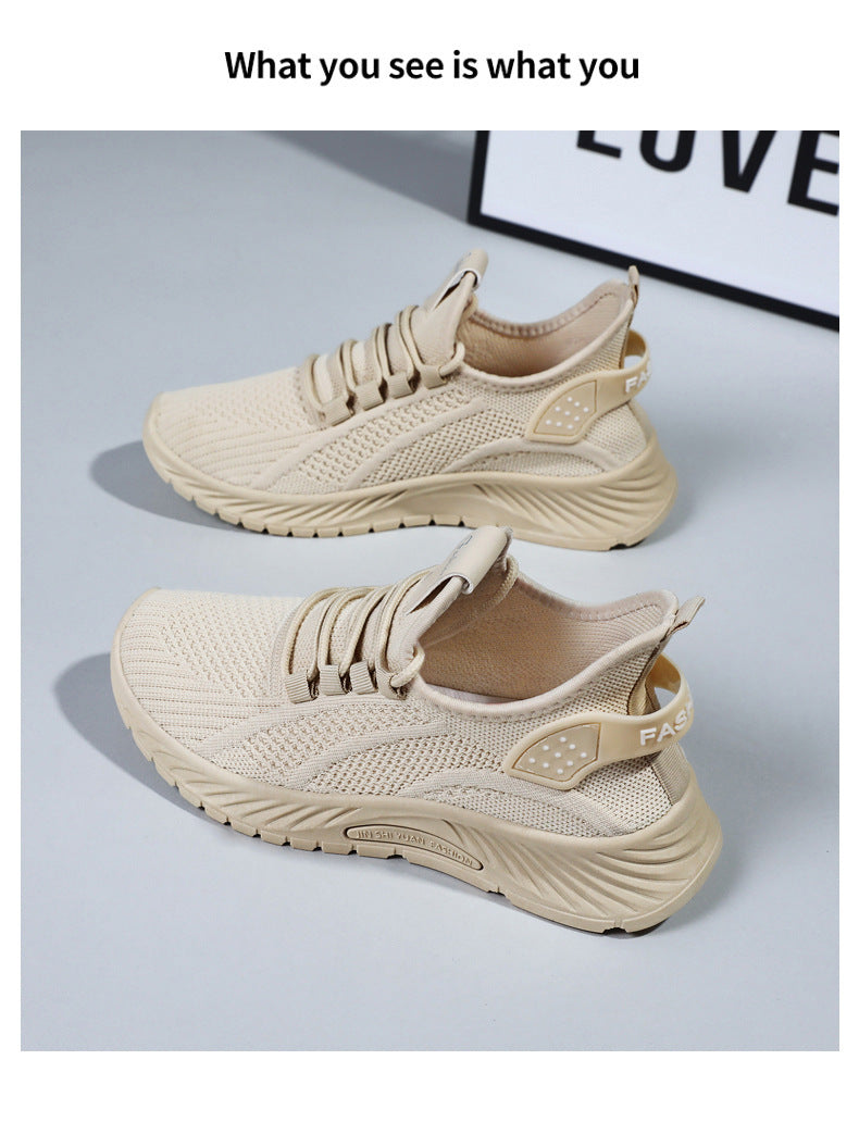White Flyknit Soft Sole Running Shoes for Women, Summer New Versatile Lightweight Sneakers, Breathable Casual Sports Shoes