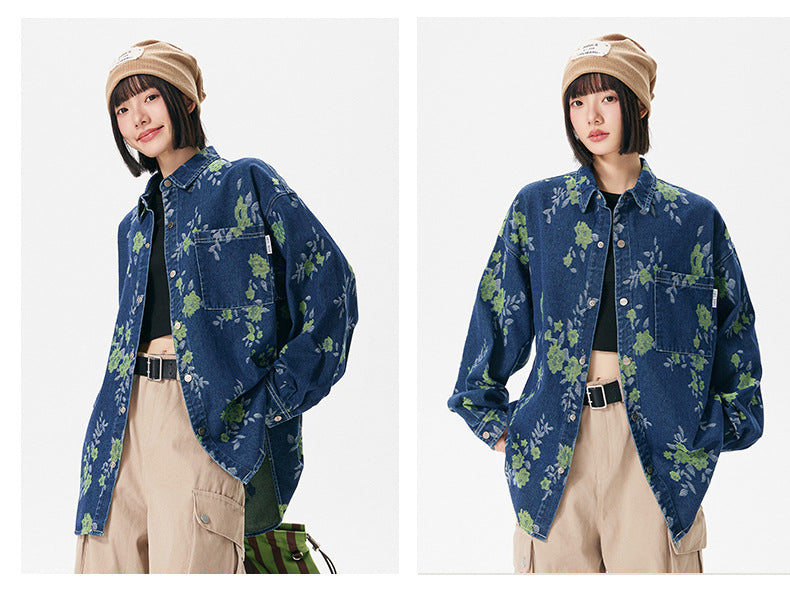 Pattern Jacquard Blue Denim Jacket Men Spring and Autumn Loose Casual Washed Shirt Long Sleeve Shirt Unisex