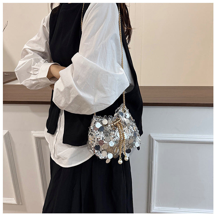 Trendy and High-End Sequin Bucket Bag2025Summer New Fashion Versatile Stylish French Chain Single Shoulder Crossbody